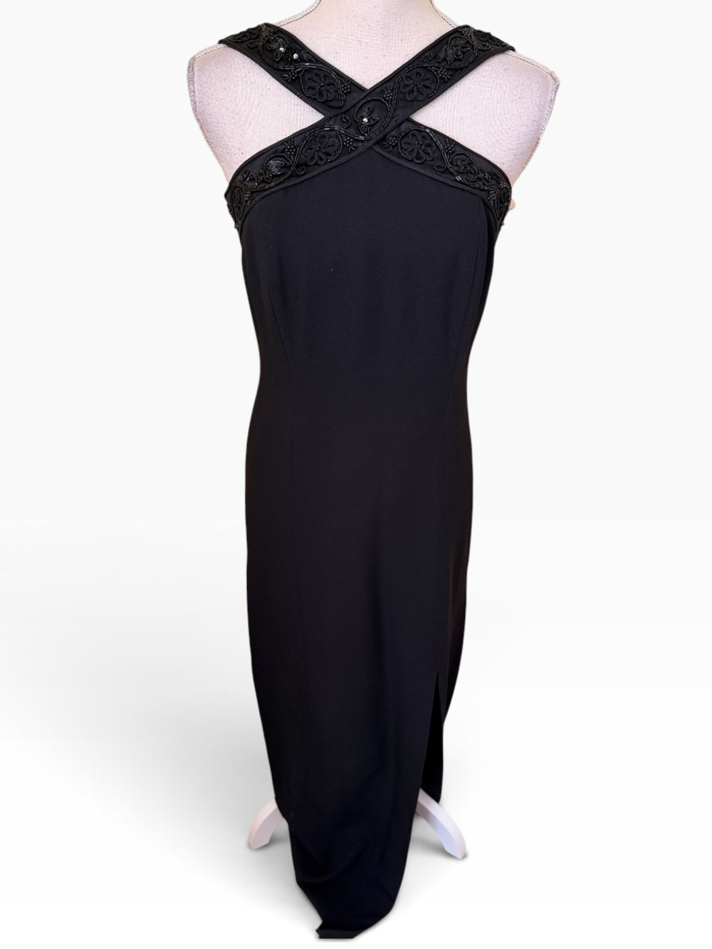 Lillie Rubin Black Crepe Beaded Halter Cross-Back Evening Dress 4